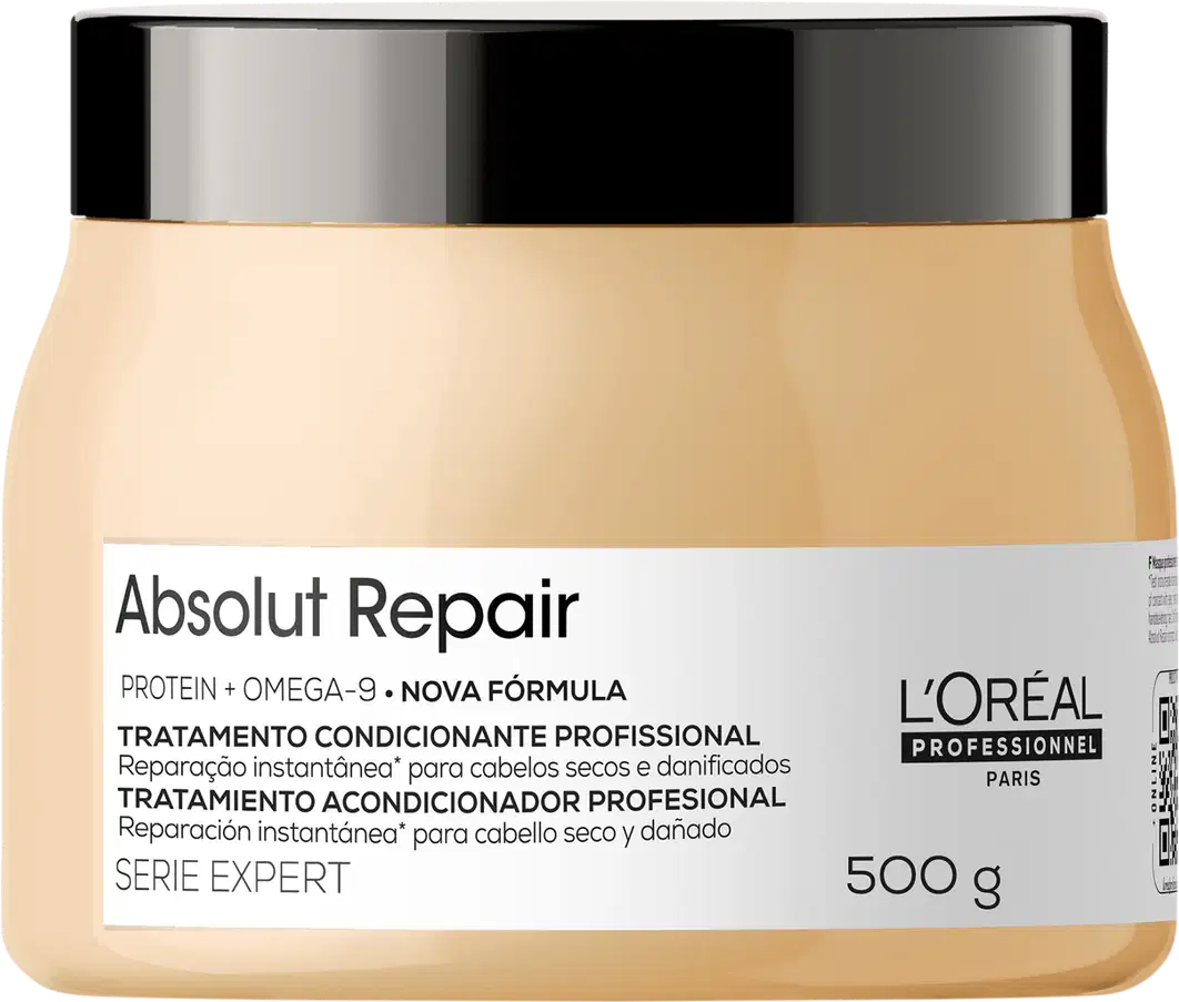 Tratamento condicionador profissional Absolut Repair da L'Oréal Professionnel, em embalagem de 500g, com fórmula à base de proteína e ômega-9 para reparação instantânea de cabelos secos e danificados.