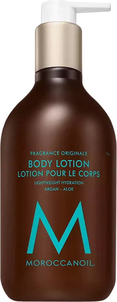 Frasco de loção corporal Moroccanoil com design elegante em tons de marrom e azul. Rótulo indica "Fragrance Originale Body Lotion" com ingredientes de argan e aloe.