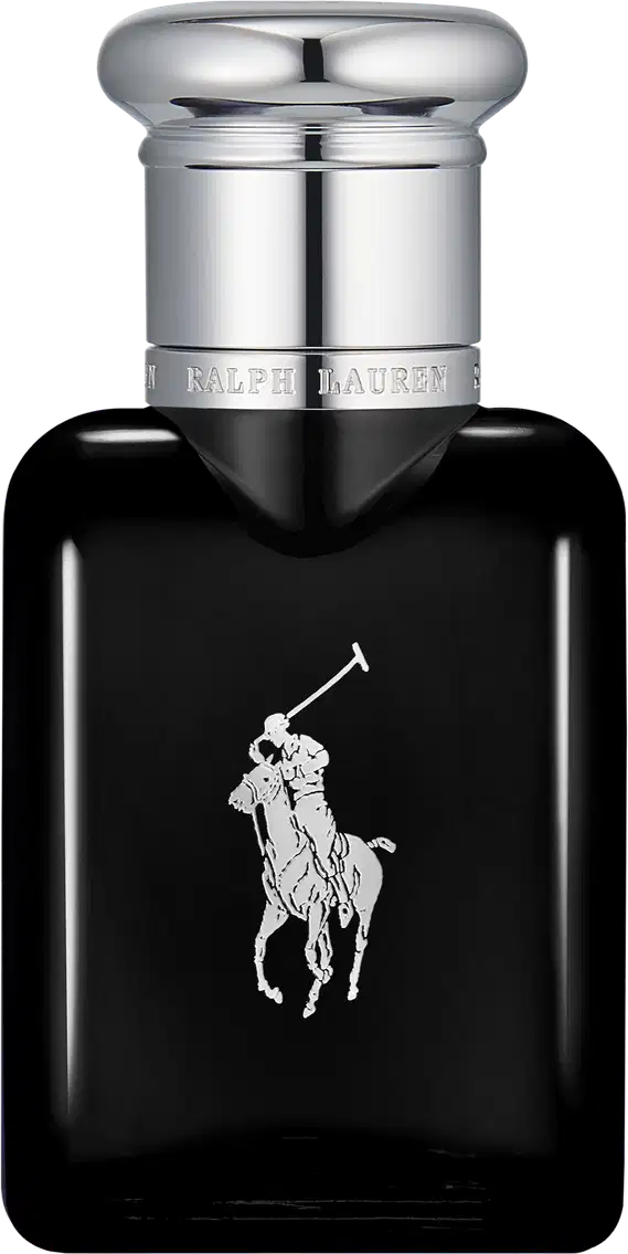 Frasco de perfume preto Polo Black da marca Ralph Lauren com tampa prateada e logotipo da marca em destaque. Embalagem elegante e minimalista em tons escuros.