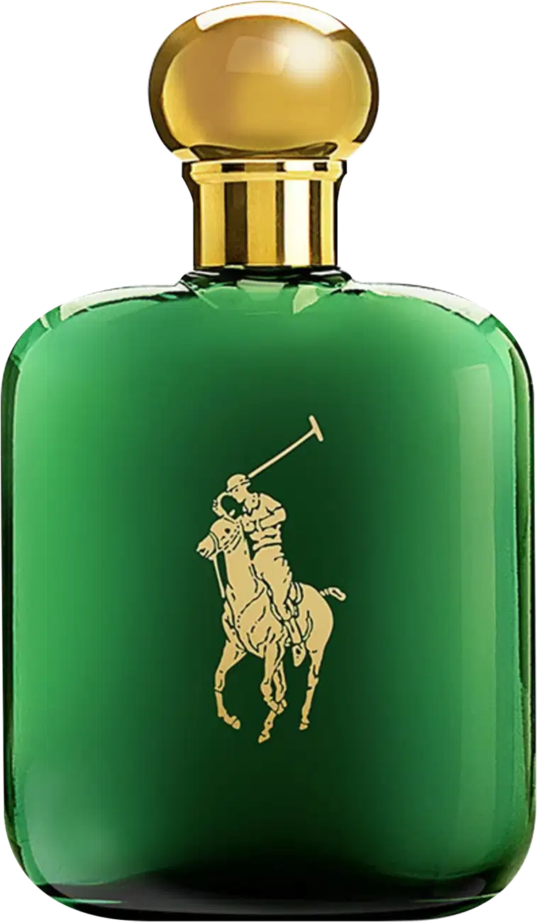 A imagem mostra um frasco de perfume verde, com tampa dourada e a logo da marca no frasco também em dourado.