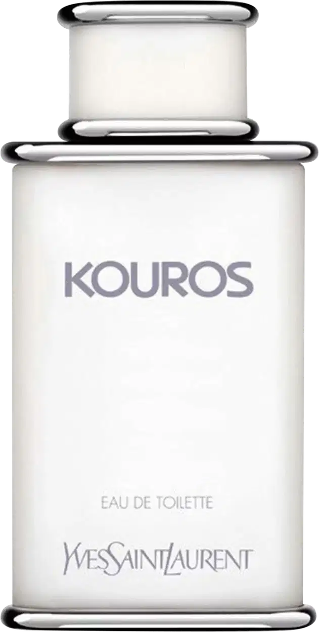 Frasco de perfume Kouros da Yves Saint Laurent, com design elegante e minimalista em tons de branco e cinza. O rótulo destaca o nome da fragrância em letras grandes e o texto "Eau de Toilette" abaixo.