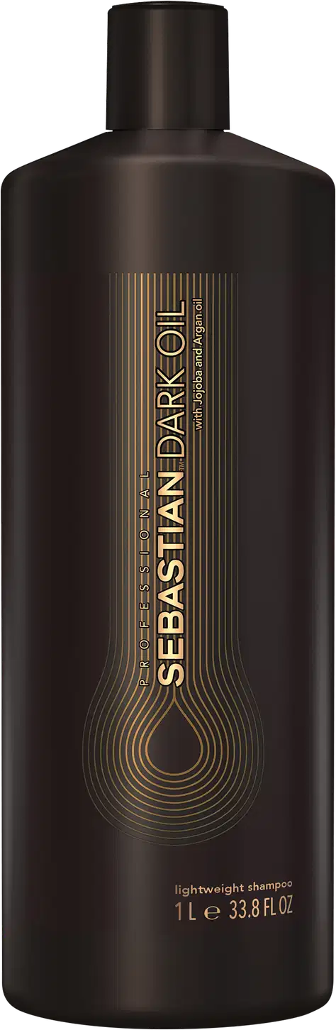 Frasco de shampoo leve da marca Sebastian Professional, em embalagem preta com detalhes dourados, exibindo o nome da linha "Sebastian Dark Oil" em destaque.