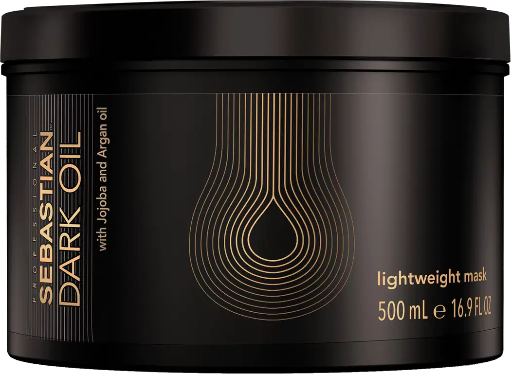 Máscara leve da linha Sebastian Professional Dark Oil, em embalagem preta com detalhes dourados, contendo 500 ml do produto.