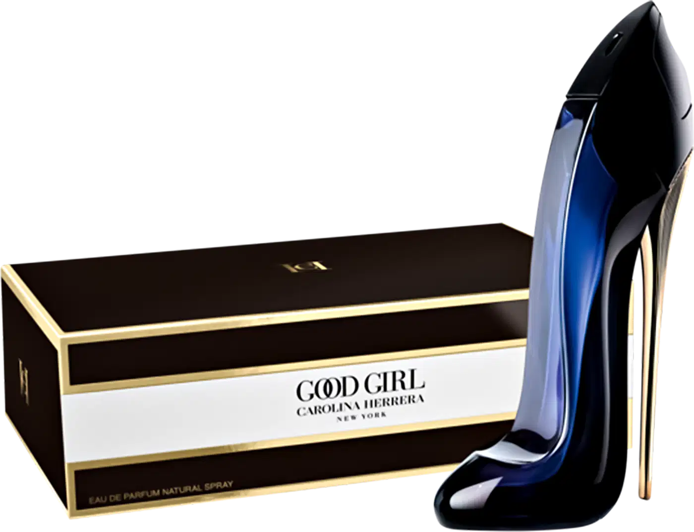 Frasco de perfume feminino da marca Carolina Herrera, chamado "Good Girl", com embalagem preta e dourada. O frasco tem formato de um sapato de salto alto de cor azul escuro.