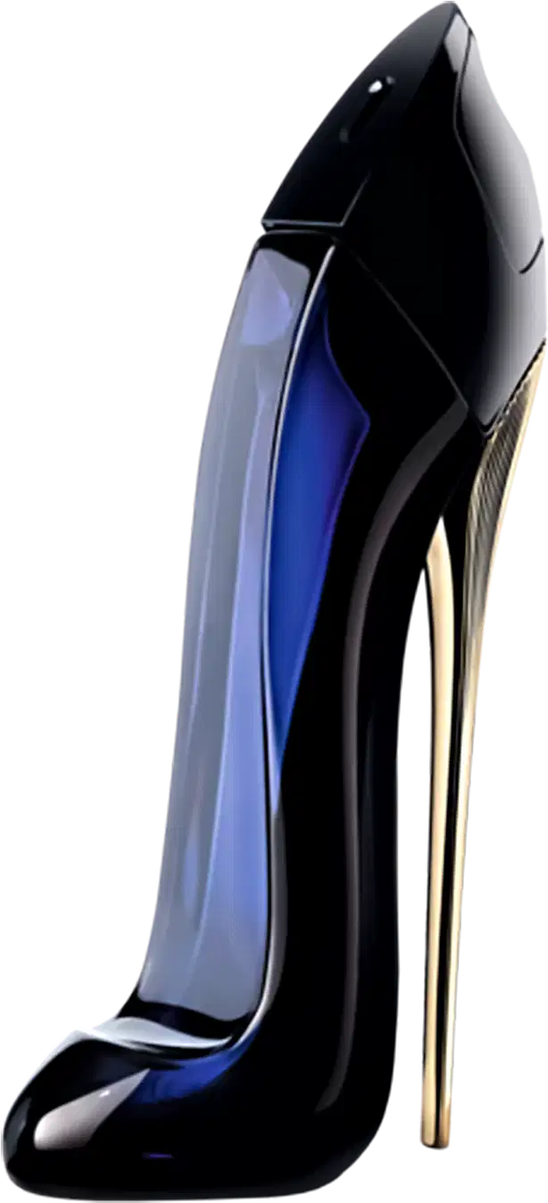 Frasco do perfume Good Girl da Carolina Herrera, em tons de preto e azul com design elegante e sofisticado em formato de salto agulha. 