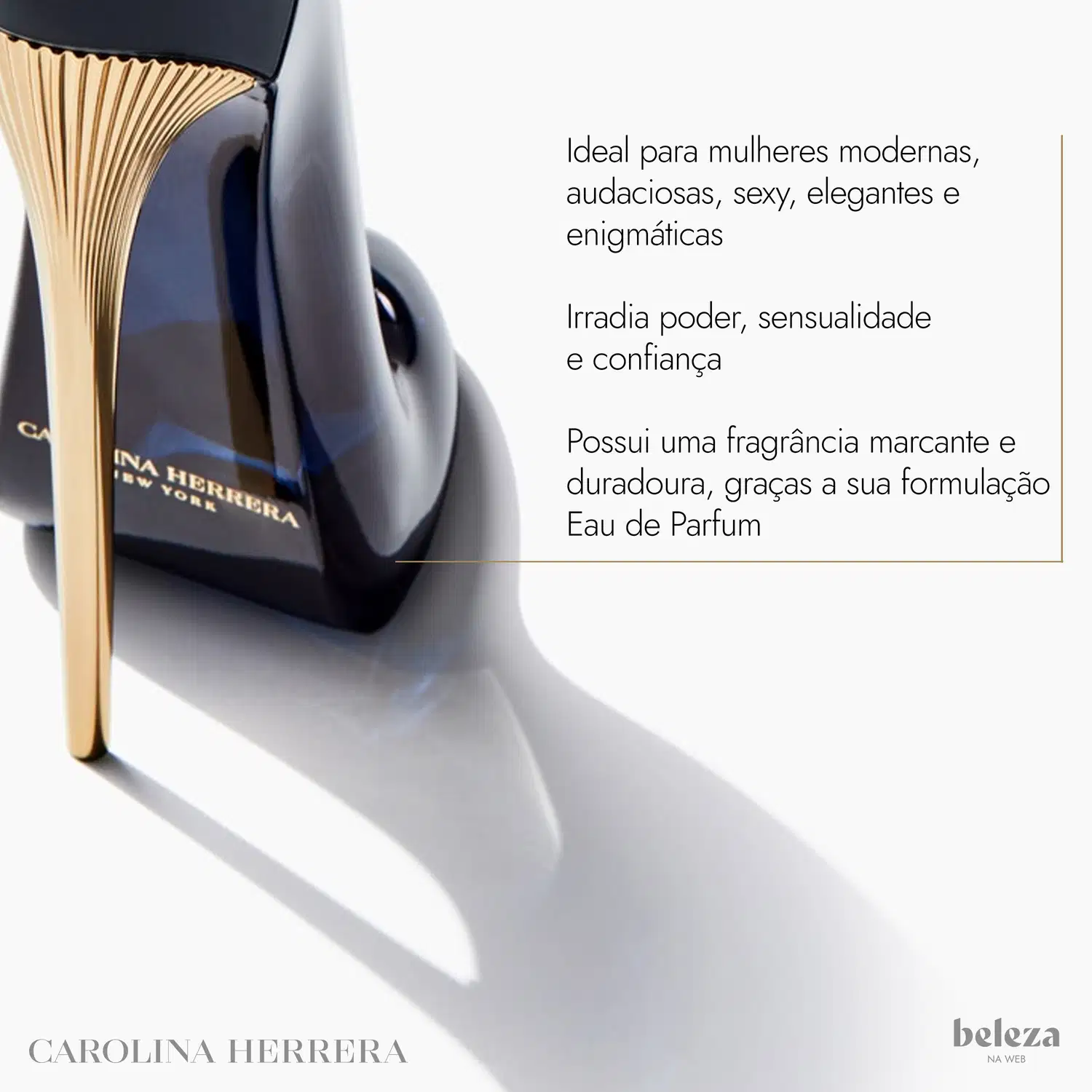 Frasco do perfume Good Girl da Carolina Herrera, em tons de preto e azul com design elegante e sofisticado em formato de salto agulha.