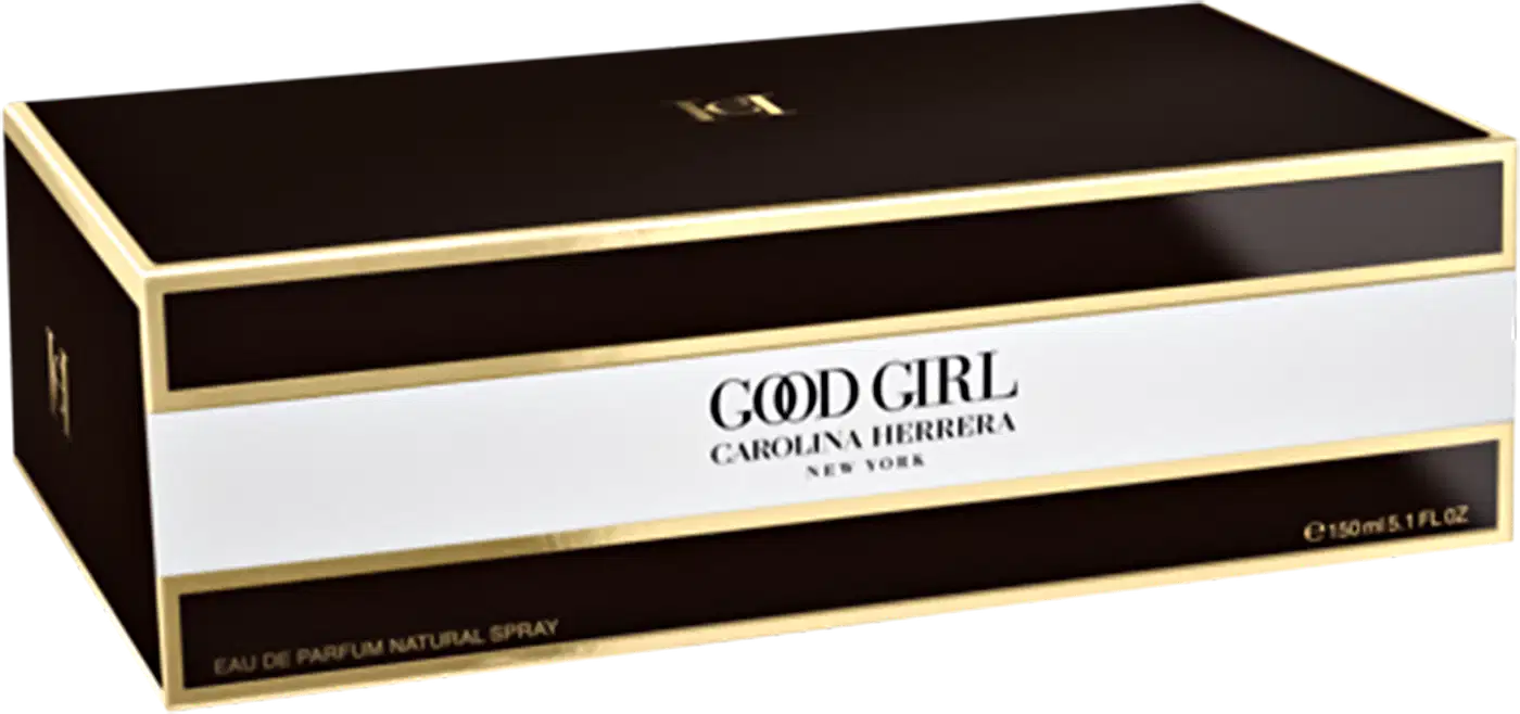 Caixa preta e dourada contendo frasco de perfume da marca Carolina Herrera, chamado "Good Girl", com rótulo branco e texto em preto e dourado.