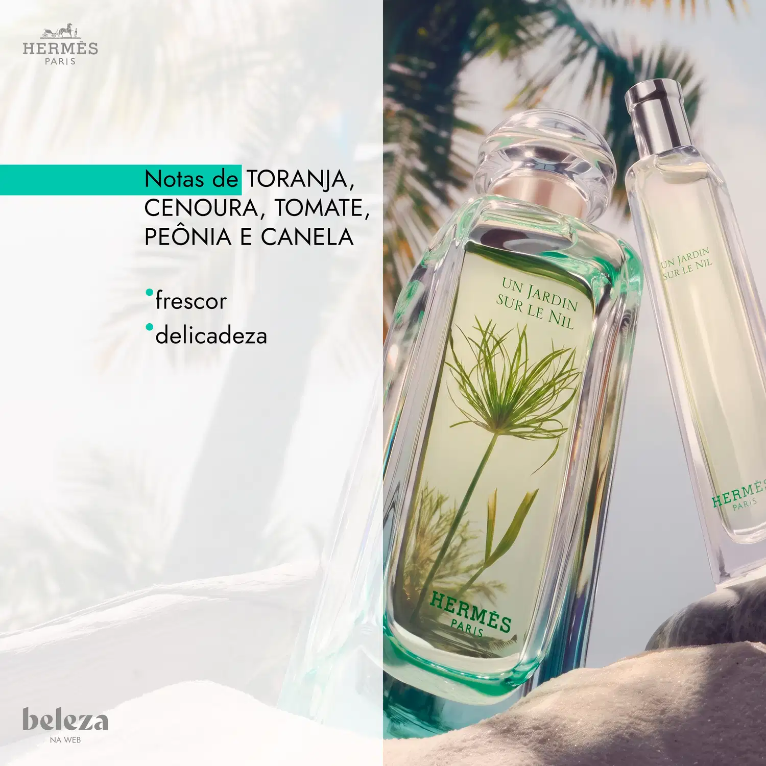 Dois itens de perfumaria da marca Hermès com notas de toranja, cenoura, tomate, peônia e canela, destacando frescor e delicadeza.