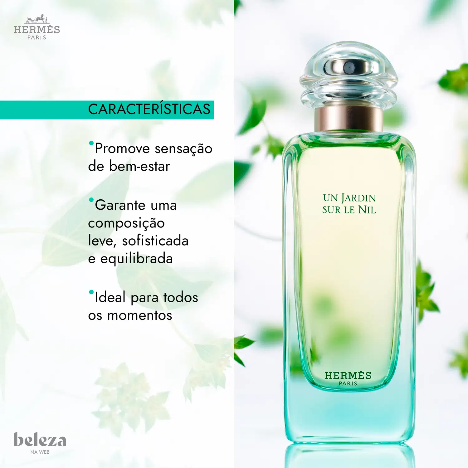 Frasco de item de perfumaria da marca Hermès com rótulo "Un Jardin sur le Nil" em fundo desfocado de folhas verdes.