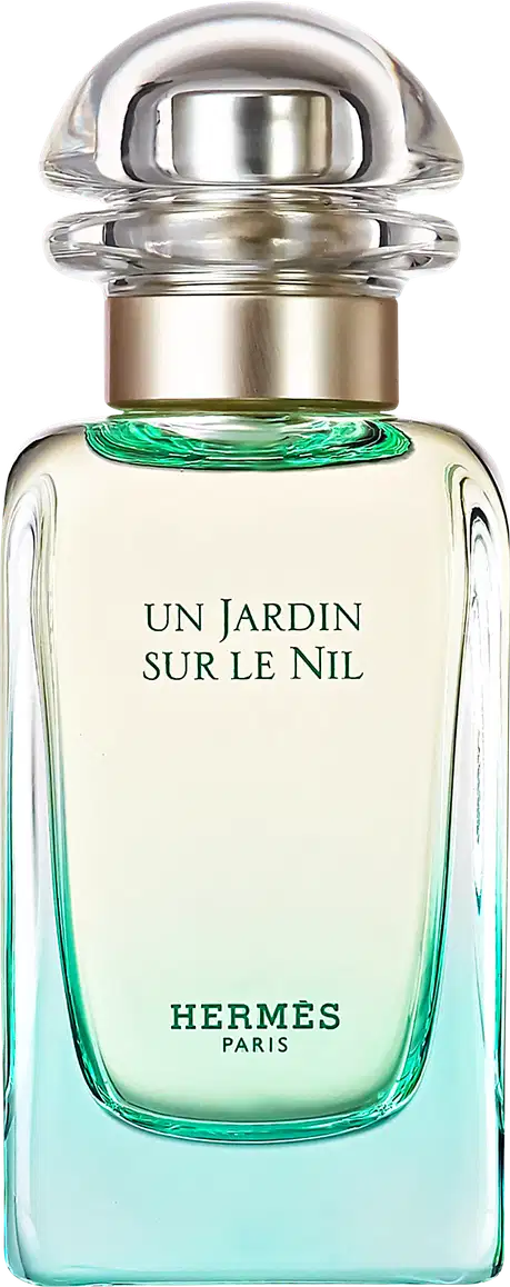 Frasco de perfume Hermès "Un Jardin sur le Nil", com design elegante em vidro e metal, rótulo em letras brancas sobre fundo verde claro, evocando uma fragrância fresca e natural.