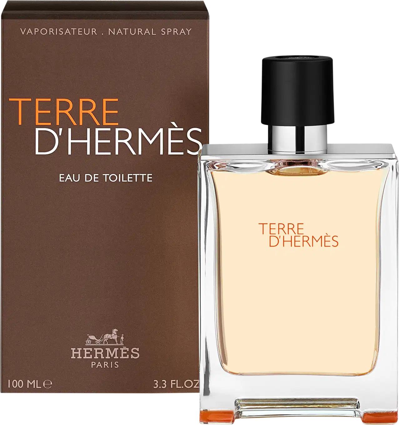 Frasco de perfume Terre d'Hermès com design elegante e minimalista em vidro transparente. Rótulo com texto em vermelho destaca o nome da fragrância.