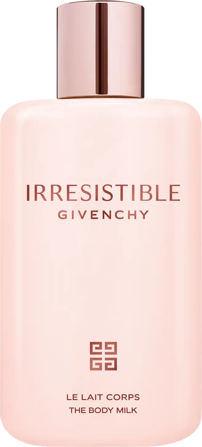 Frasco de loção corporal Irresistible da Givenchy, com embalagem rosa pálido e detalhes em metal rosé. O rótulo destaca o nome da fragrância em letras grandes.