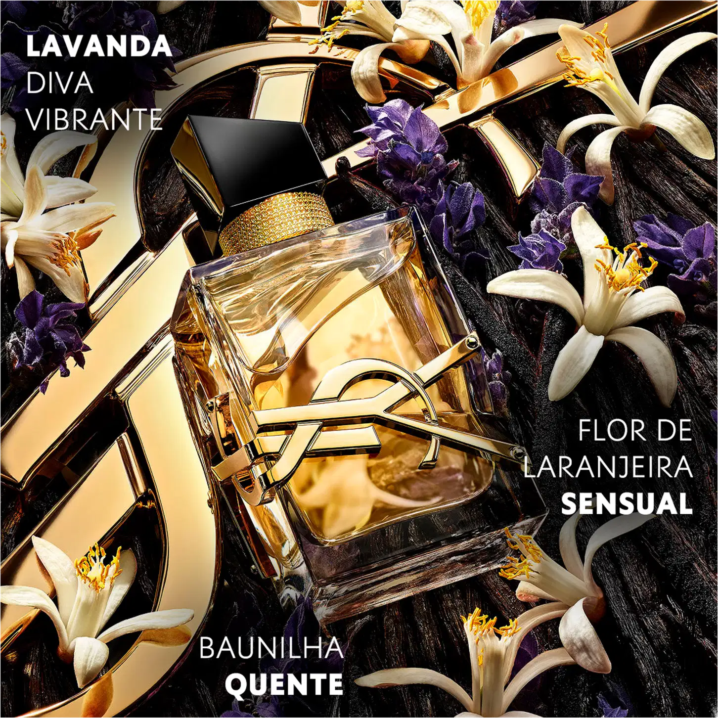 Frasco de perfume Libre Yves Saint Laurent com design elegante e sofisticado. Embalagem de vidro transparente com detalhes dourados, tampa preta e rótulo com logotipo da marca.