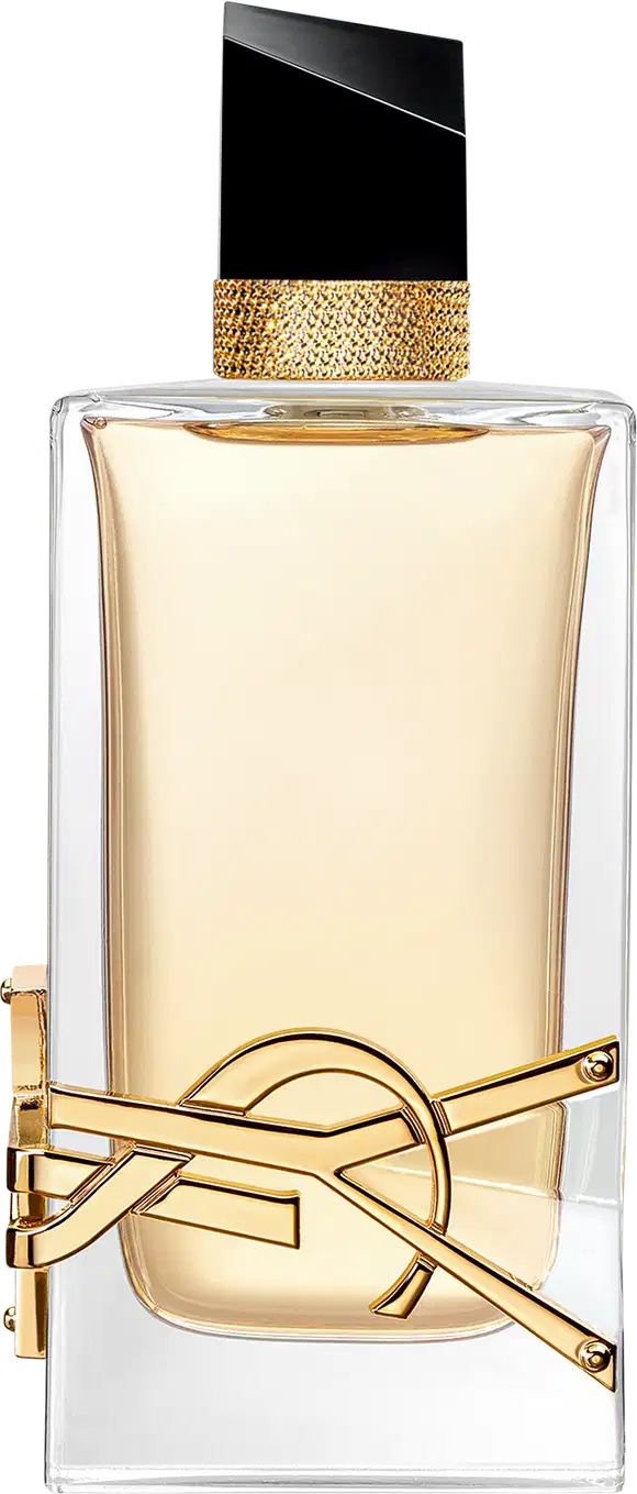 Frasco de perfume Libre Yves Saint Laurent com design elegante e sofisticado. Embalagem de vidro transparente com detalhes dourados, tampa preta e rótulo com logotipo da marca.