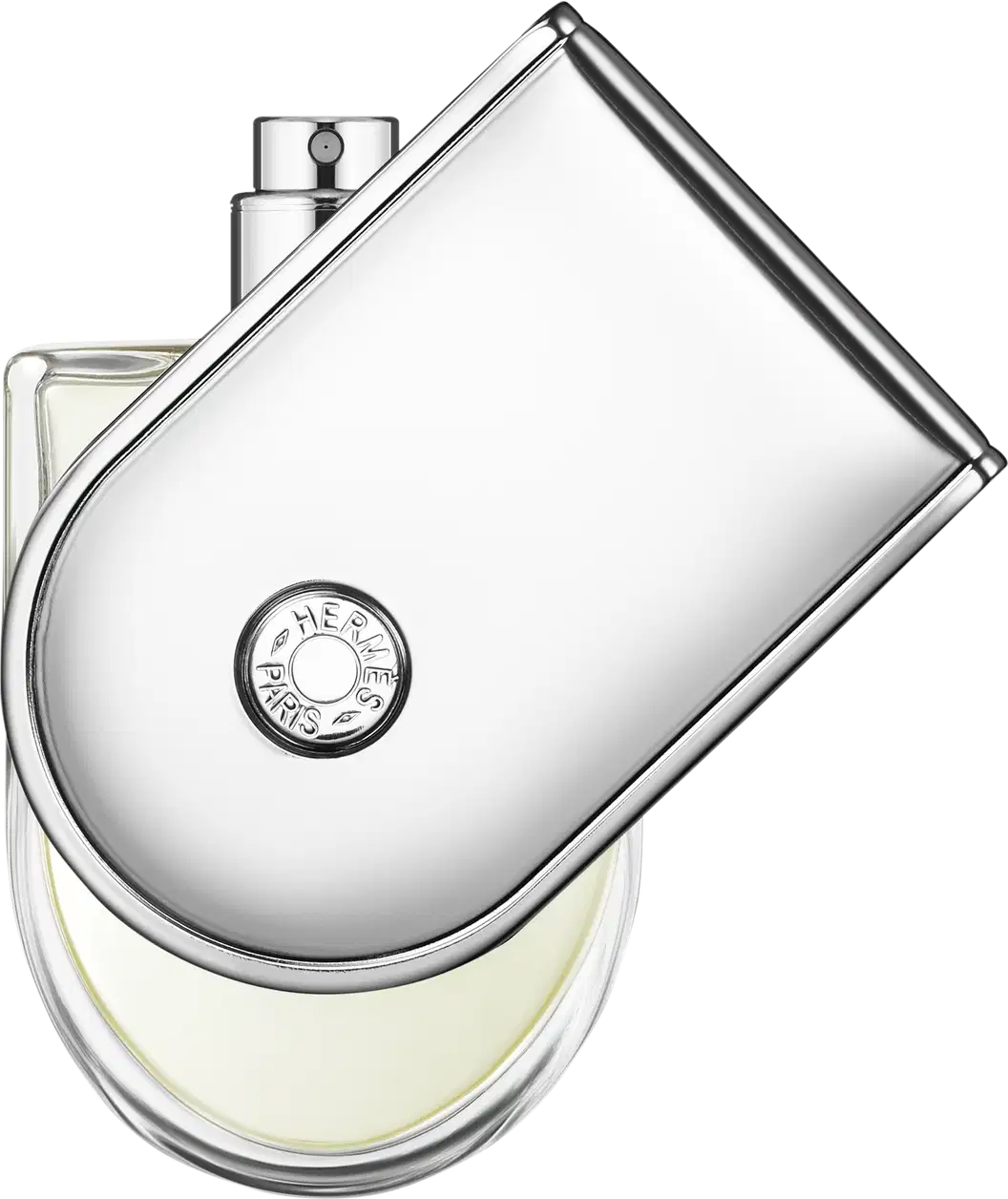 Frasco de perfume Hermès em formato retangular com tampa prateada. Rótulo com logotipo da marca em destaque. Embalagem elegante e minimalista em tons de branco e prata.