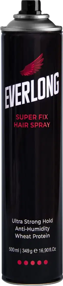 Frasco de spray para cabelo Everlong de cor preta, com rótulo vermelho destacando o nome da marca e a descrição "Super Fix Hair Spray". O produto apresenta informações sobre sua fórmula, como "Ultra Strong Hold", "Anti-Humidity" e "Wheat Protein".
