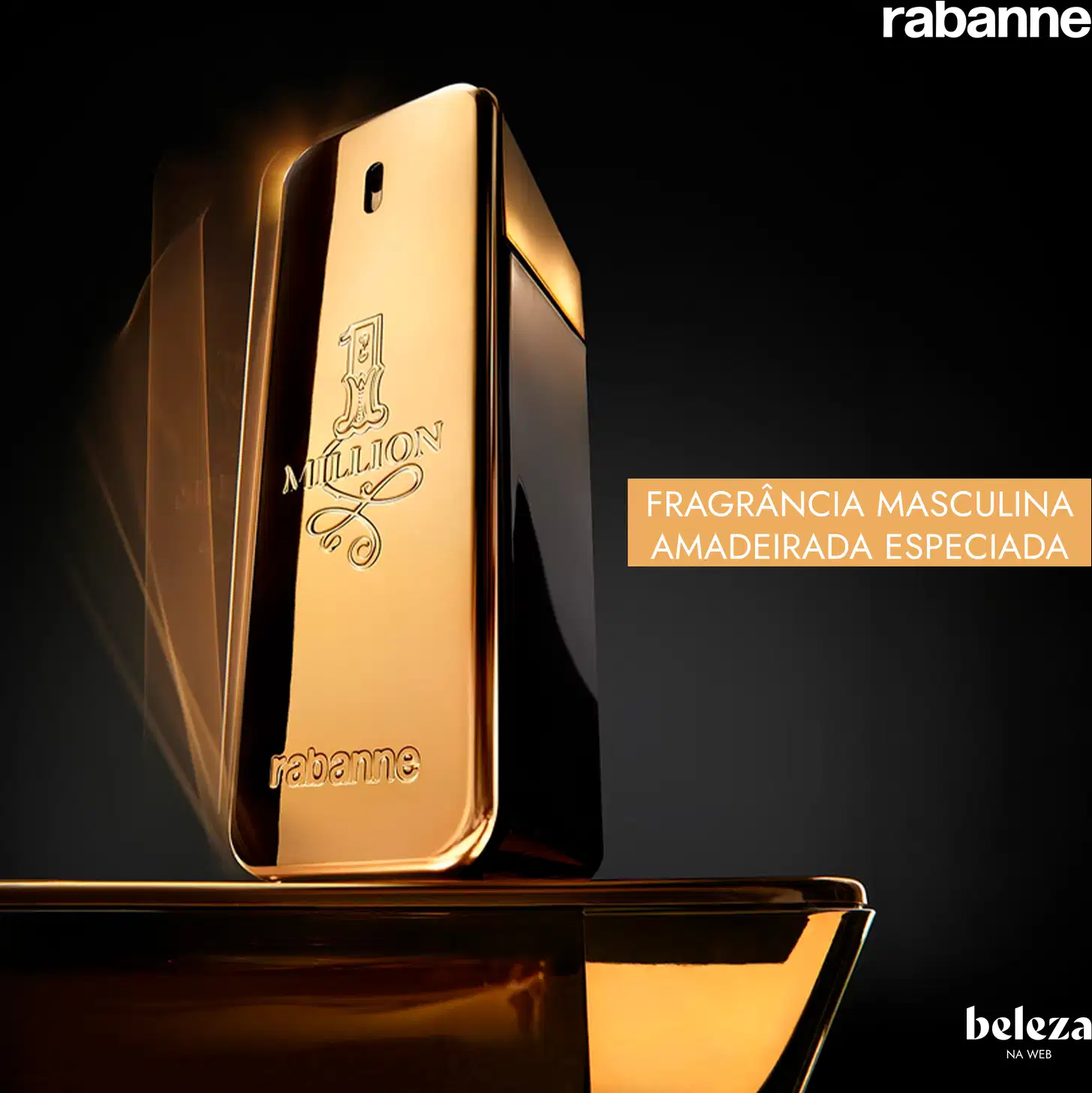Frasco de perfume dourado com rótulo "1 Million" da marca Paco Rabanne, em formato retangular com detalhes decorativos.