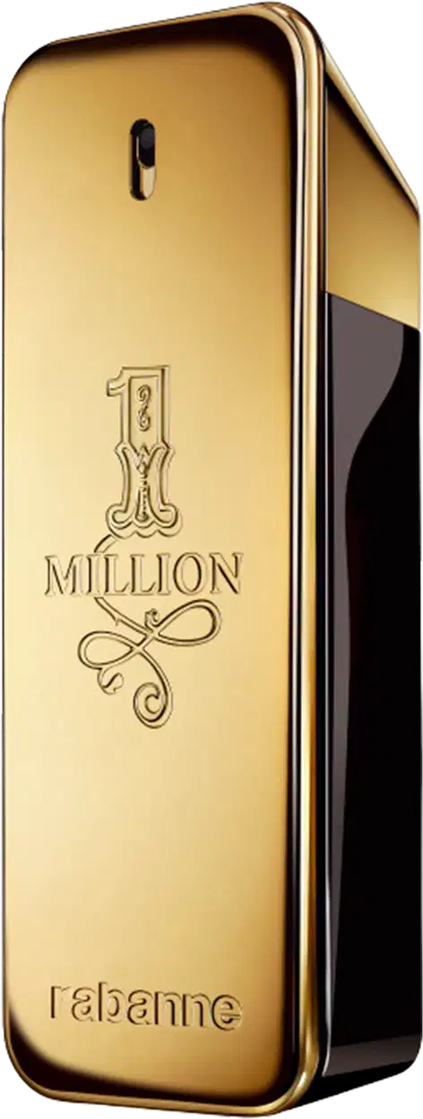 Frasco de perfume dourado com rótulo "1 Million" da marca Paco Rabanne, em formato retangular com detalhes decorativos.