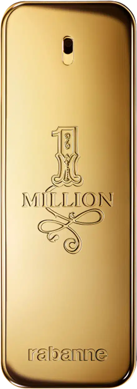 Frasco de perfume dourado com rótulo "1 Million" da marca Paco Rabanne, em formato retangular com detalhes decorativos.