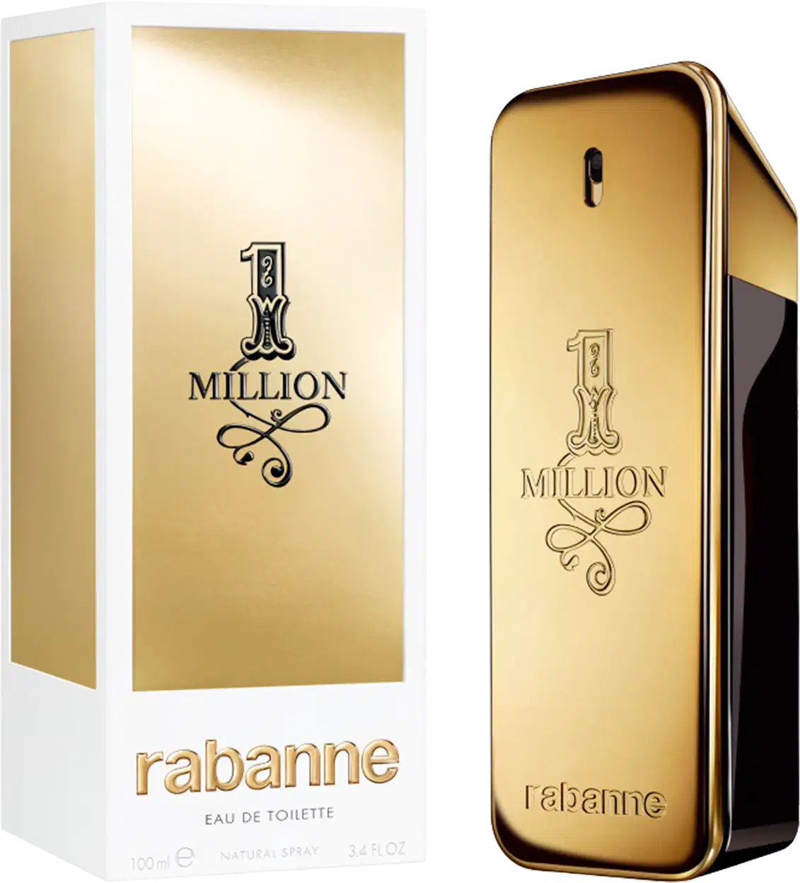 Frasco de perfume dourado com rótulo "1 Million" da marca Paco Rabanne, em formato retangular com detalhes decorativos.