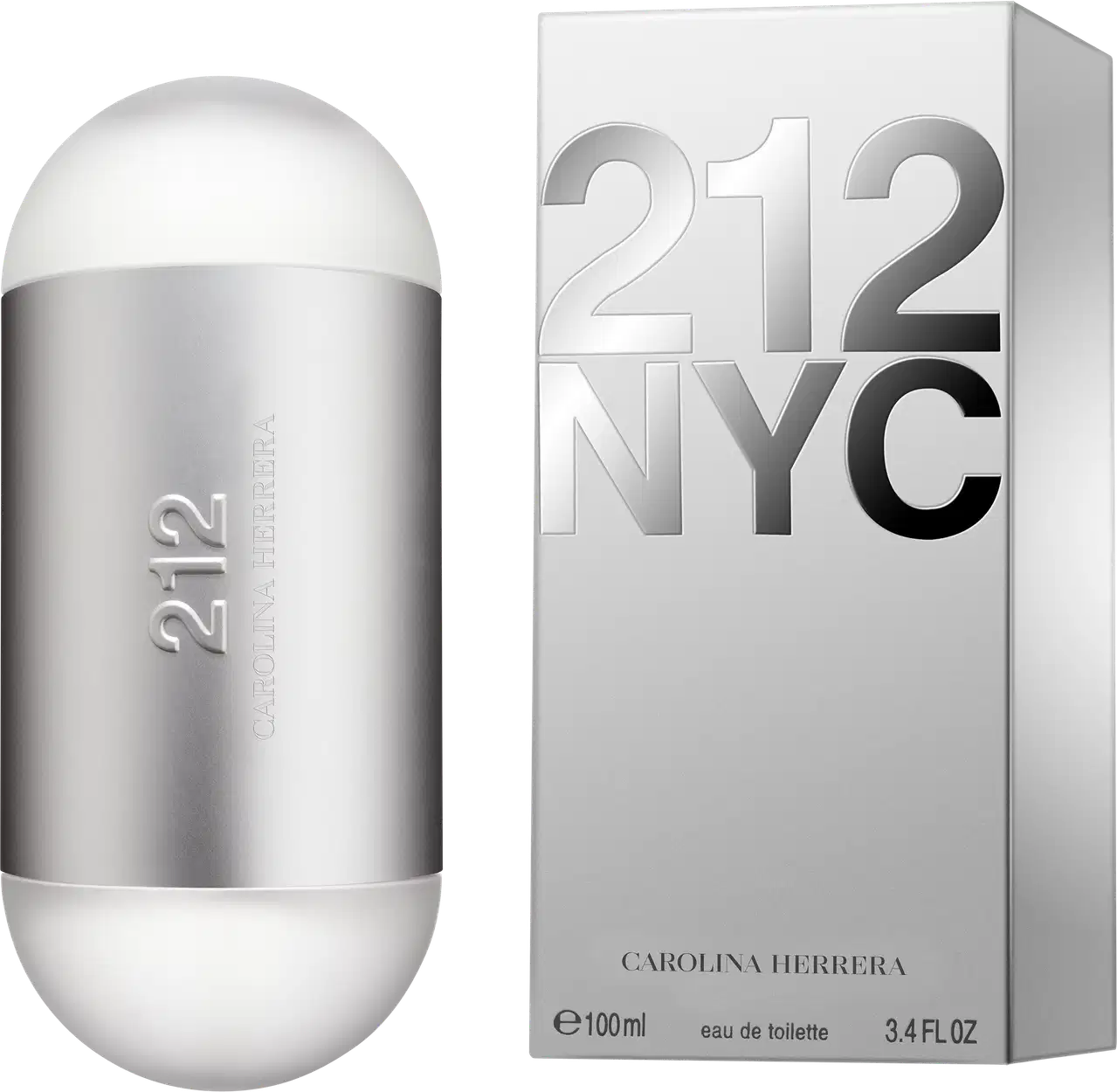 Frasco de perfume Carolina Herrera 212 em formato oval, com superfície prateada e detalhes em branco. O rótulo exibe o nome da fragrância em letras grandes.