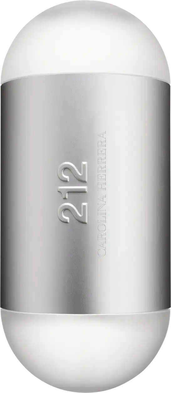 Frasco de perfume Carolina Herrera 212 em formato oval, com superfície prateada e detalhes em branco. O rótulo exibe o nome da fragrância em letras grandes.