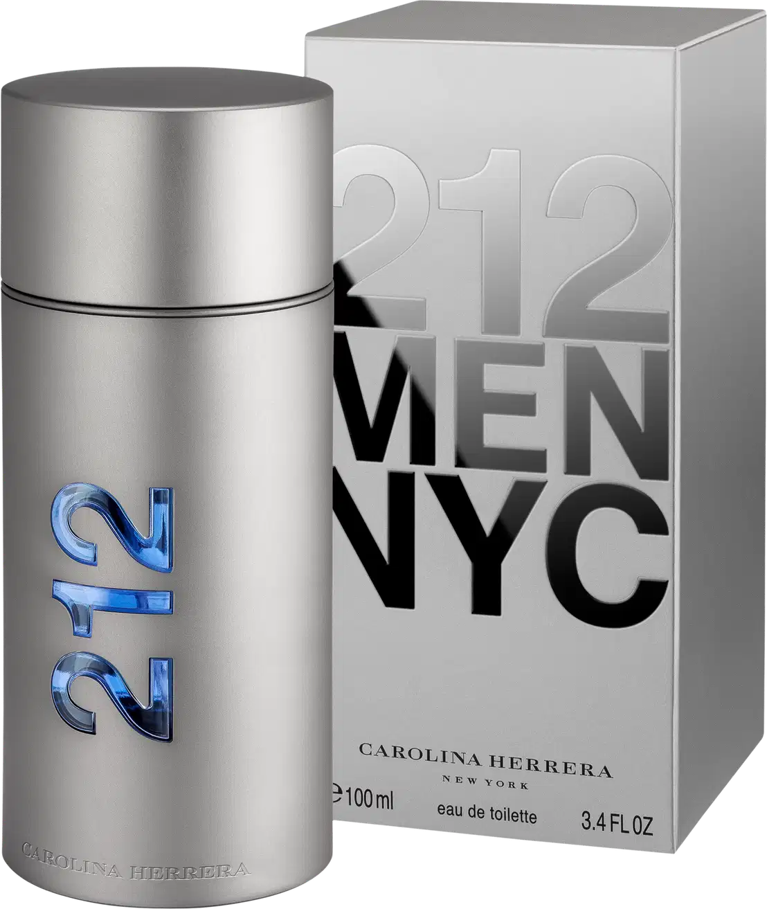 Frasco de perfume prateado da linha 212 da Carolina Herrera, com tampa e rótulo azul destacando o número "212".
