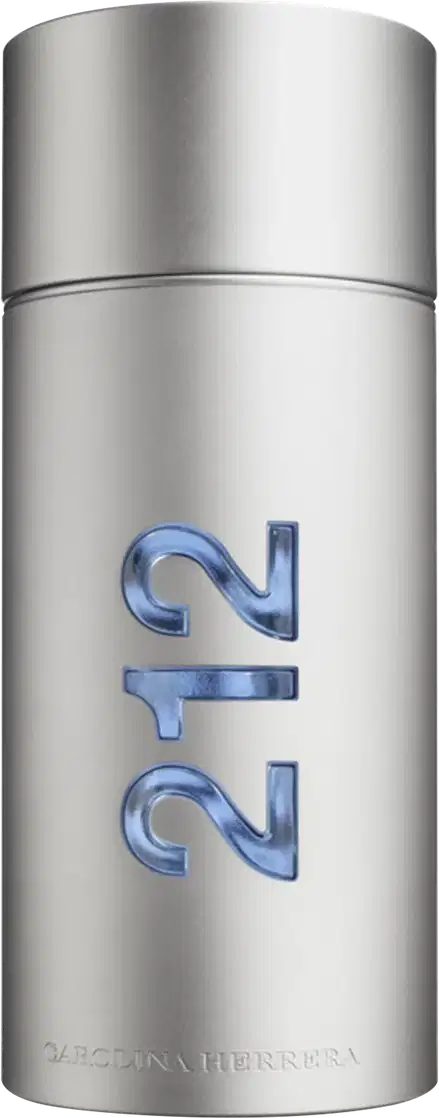 Frasco de perfume prateado da linha 212 da Carolina Herrera, com tampa e rótulo azul destacando o número "212".