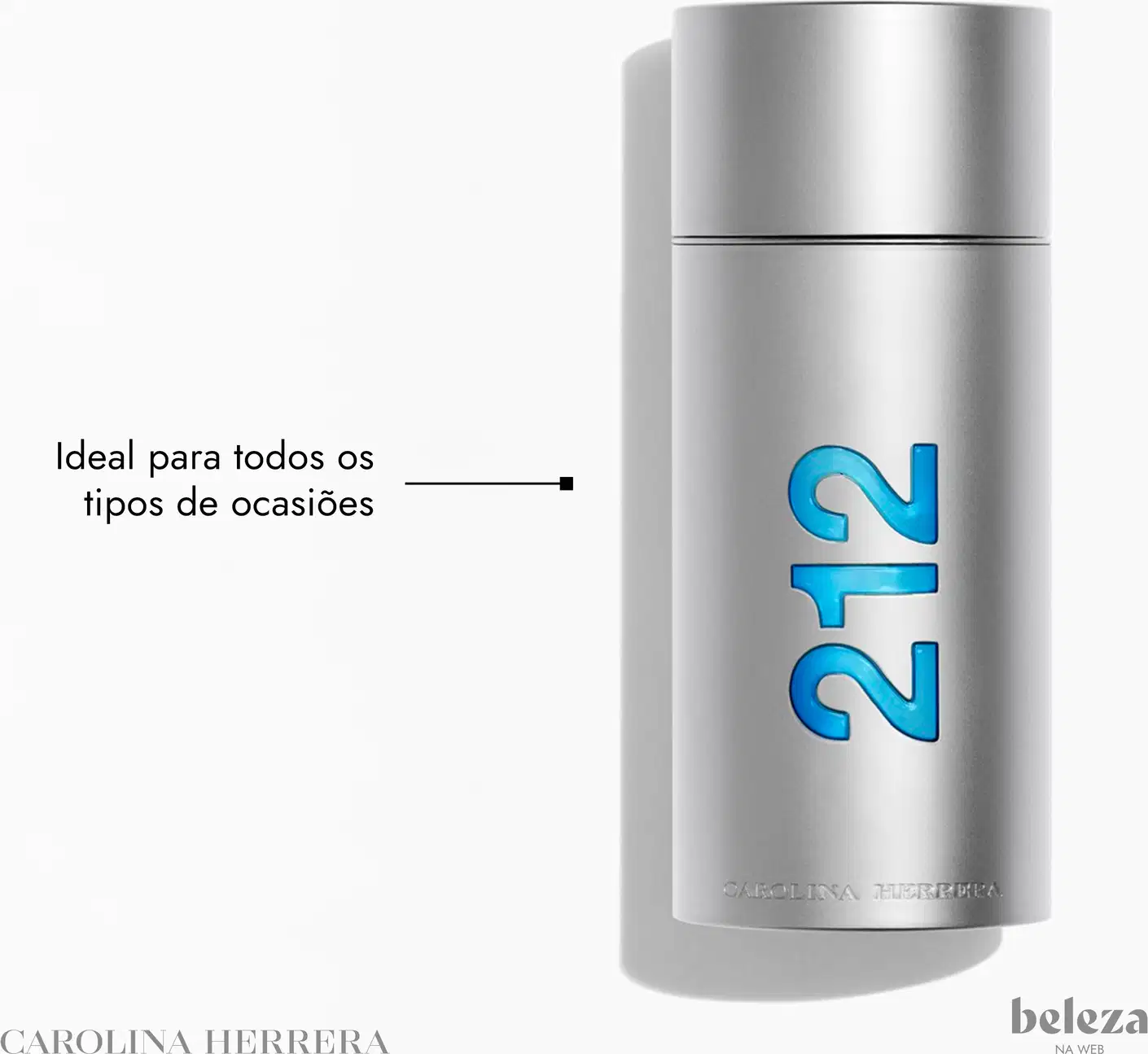 Frasco de perfume prateado da linha 212 da Carolina Herrera, com tampa e rótulo azul destacando o número "212".