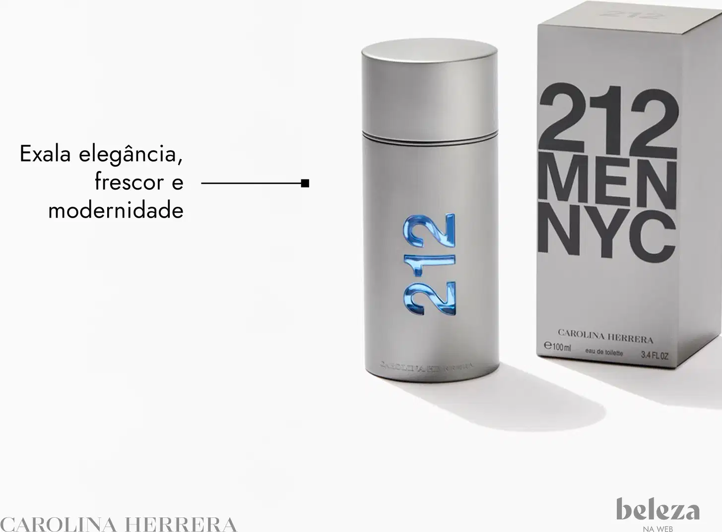 Frasco de perfume prateado da linha 212 da Carolina Herrera, com tampa e rótulo azul destacando o número "212".