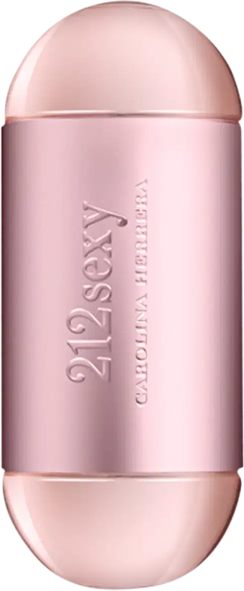 Frasco de perfume Carolina Herrera 212 Sexy, com formato cilíndrico e tampa arredondada, em tons de rosa claro. O rótulo exibe o nome da fragrância em letras prateadas.