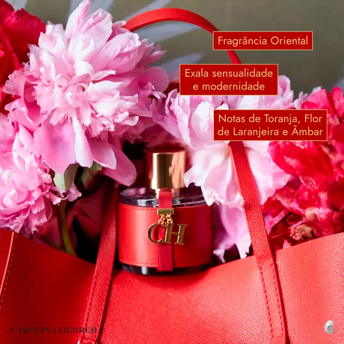 Frasco de perfume Carolina Herrera em embalagem vermelha com detalhes dourados, tampa dourada e logotipo da marca visível.