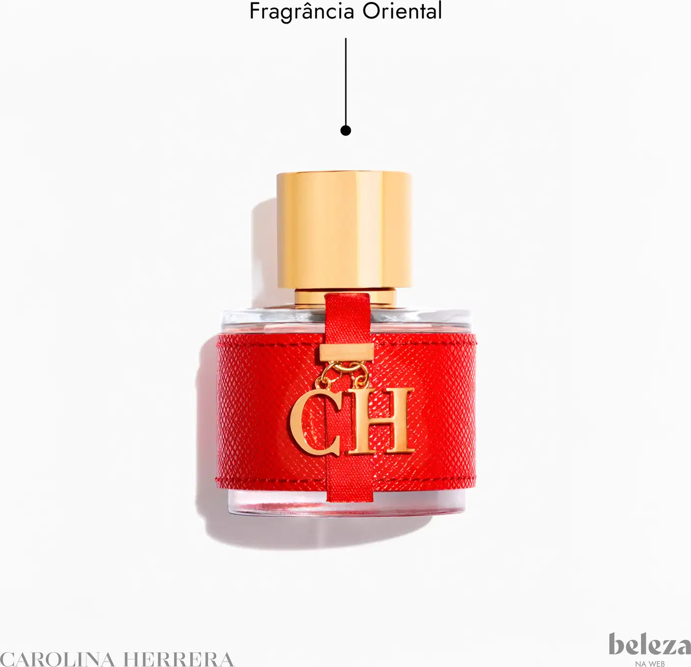 Frasco de perfume Carolina Herrera em embalagem vermelha com detalhes dourados, tampa dourada e logotipo da marca visível.