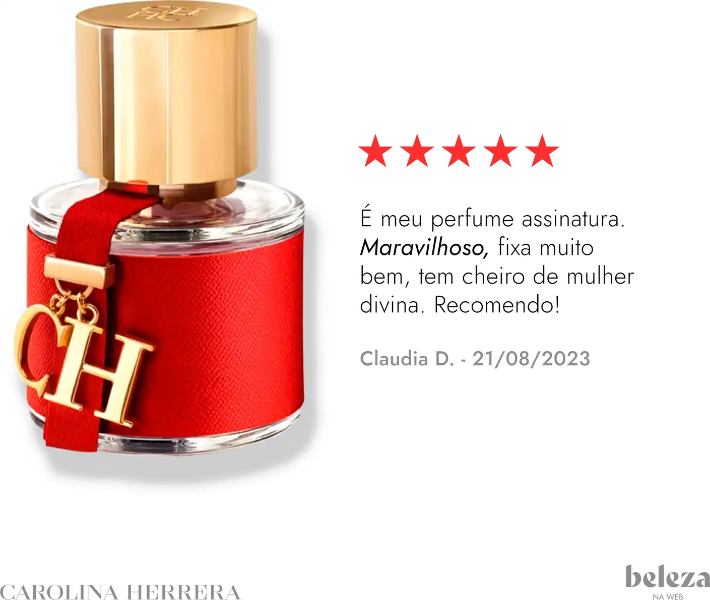 Frasco de perfume Carolina Herrera em embalagem vermelha com detalhes dourados, tampa dourada e logotipo da marca visível.