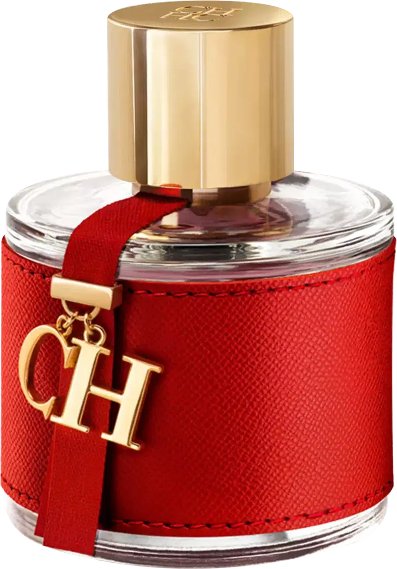Frasco de perfume Carolina Herrera em embalagem vermelha com detalhes dourados, tampa dourada e logotipo da marca visível.