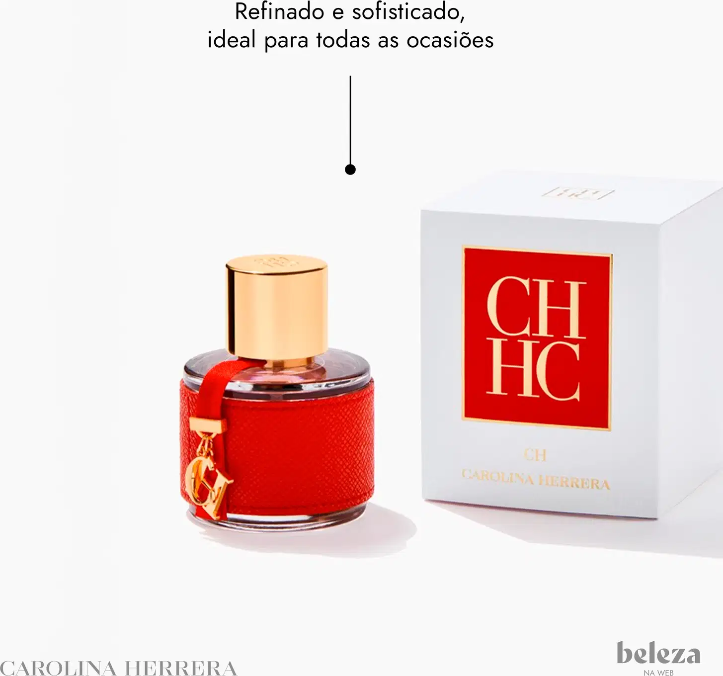 Frasco de perfume Carolina Herrera em embalagem vermelha com detalhes dourados, tampa dourada e logotipo da marca visível.