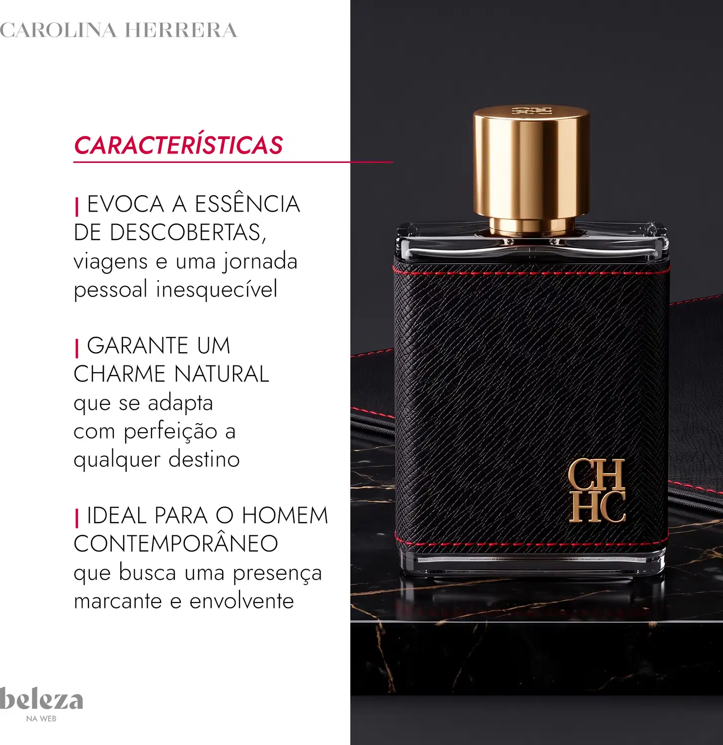 Frasco de perfume Carolina Herrera em embalagem preta com detalhes em vermelho, tampa dourada com logotipo CHHC. Recipiente de vidro com design elegante e sofisticado.