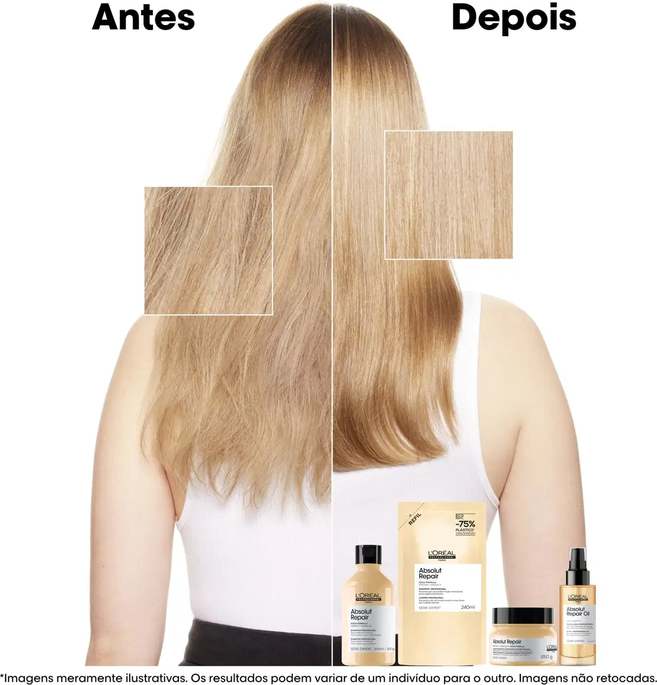 Imagem de antes e depois do uso de produtos de tratamento de cabelos da marca L'Oréal Professionnel, destacando a melhoria na aparência e textura dos fios após a aplicação.