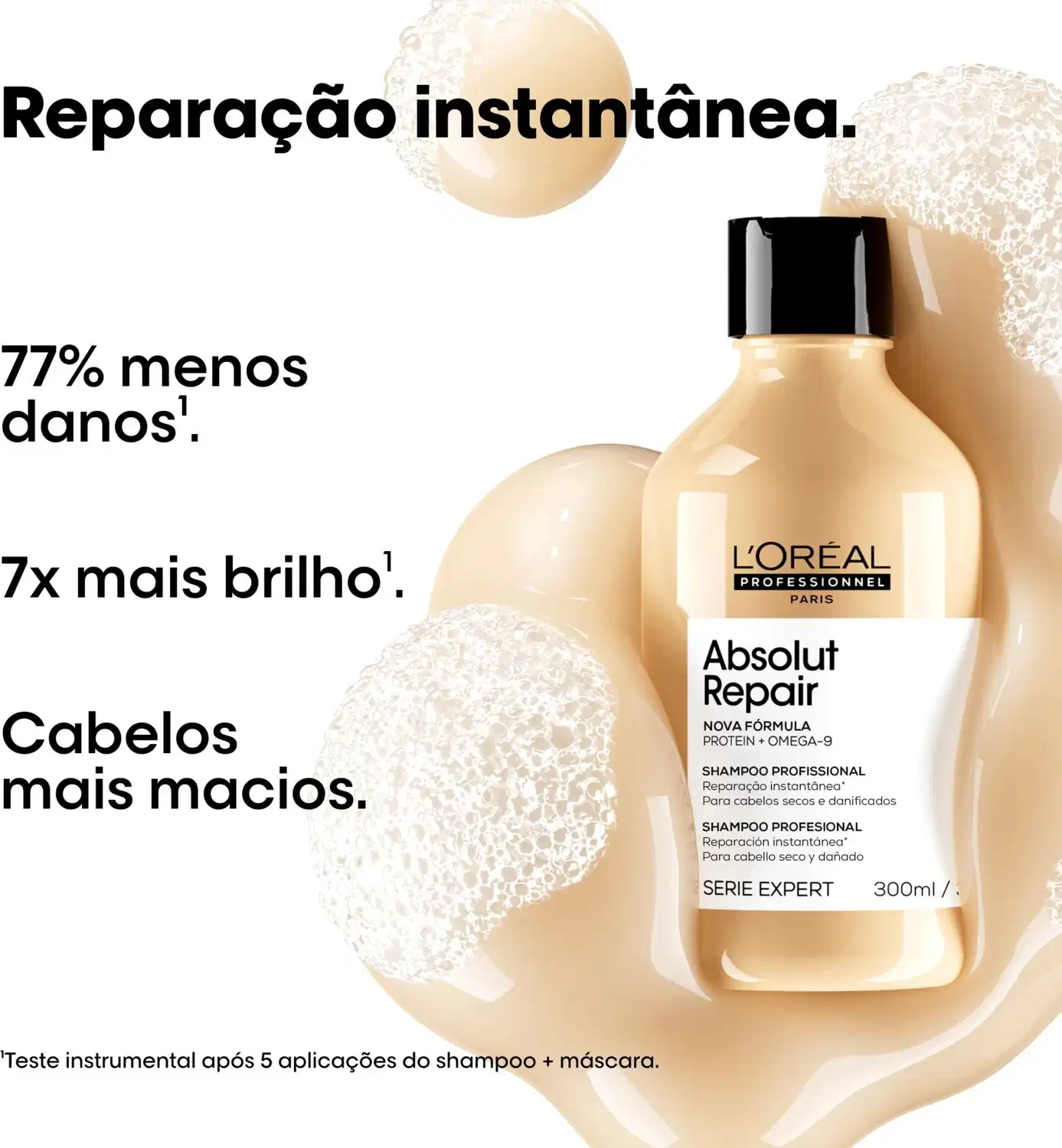 Frasco de shampoo profissional L'Oréal Absolut Repair, com fórmula de proteína e ômega-9, para cabelos secos e danificados. Embalagem preta e bege, com destaque para os benefícios de reparação instantânea e brilho 7x maior.