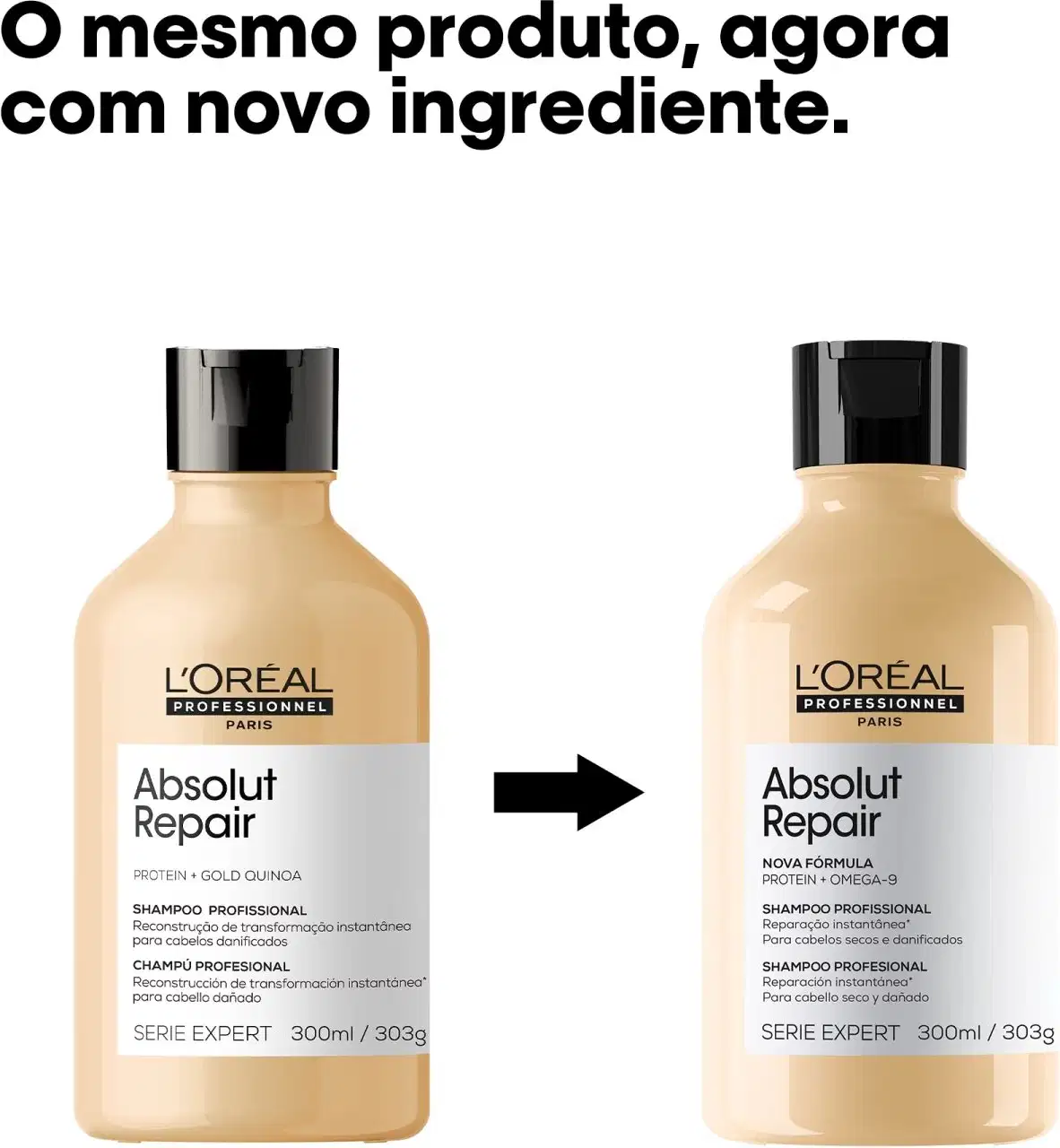 A imagem apresenta dois frascos de shampoo da marca L'Oréal Professionnel, da linha Absolut Repair, com uma nova fórmula destacada. 