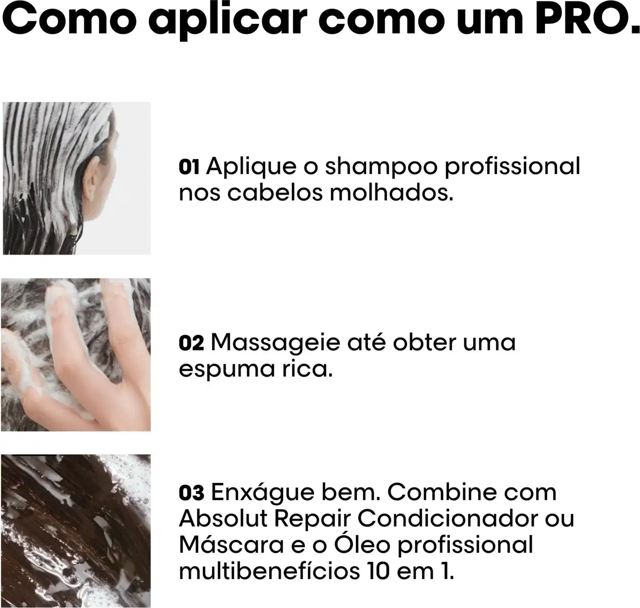 Shampoo profissional para cabelos danificados, embalagem preta e branca, com texto "Como aplicar como um PRO.". Condicionador Absolut Repair ou máscara capilar multibenefícios 10 em 1, em frasco preto e branco.