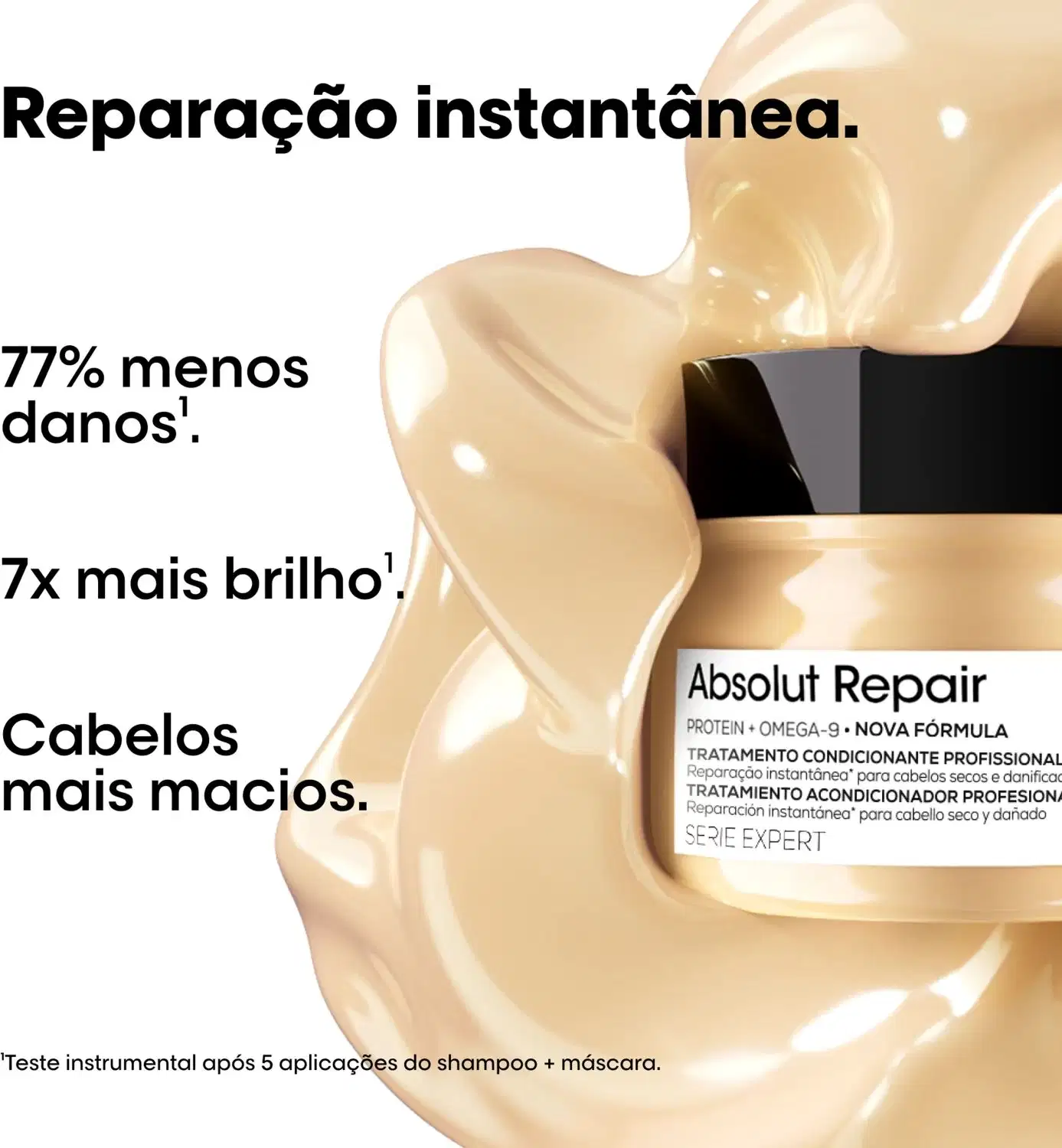 Tratamento condicionante profissional Absolut Repair em embalagem de 250g, com fórmula à base de proteína-ômega-3 e sem ingredientes de origem animal, conforme indicado no rótulo.
