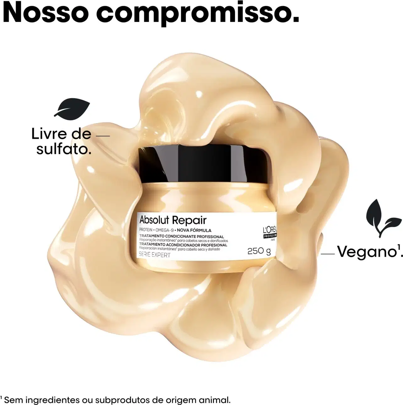 Tratamento condicionante profissional Absolut Repair em embalagem de 250g, com fórmula à base de proteína-ômega-3 e sem ingredientes de origem animal, conforme indicado no rótulo.