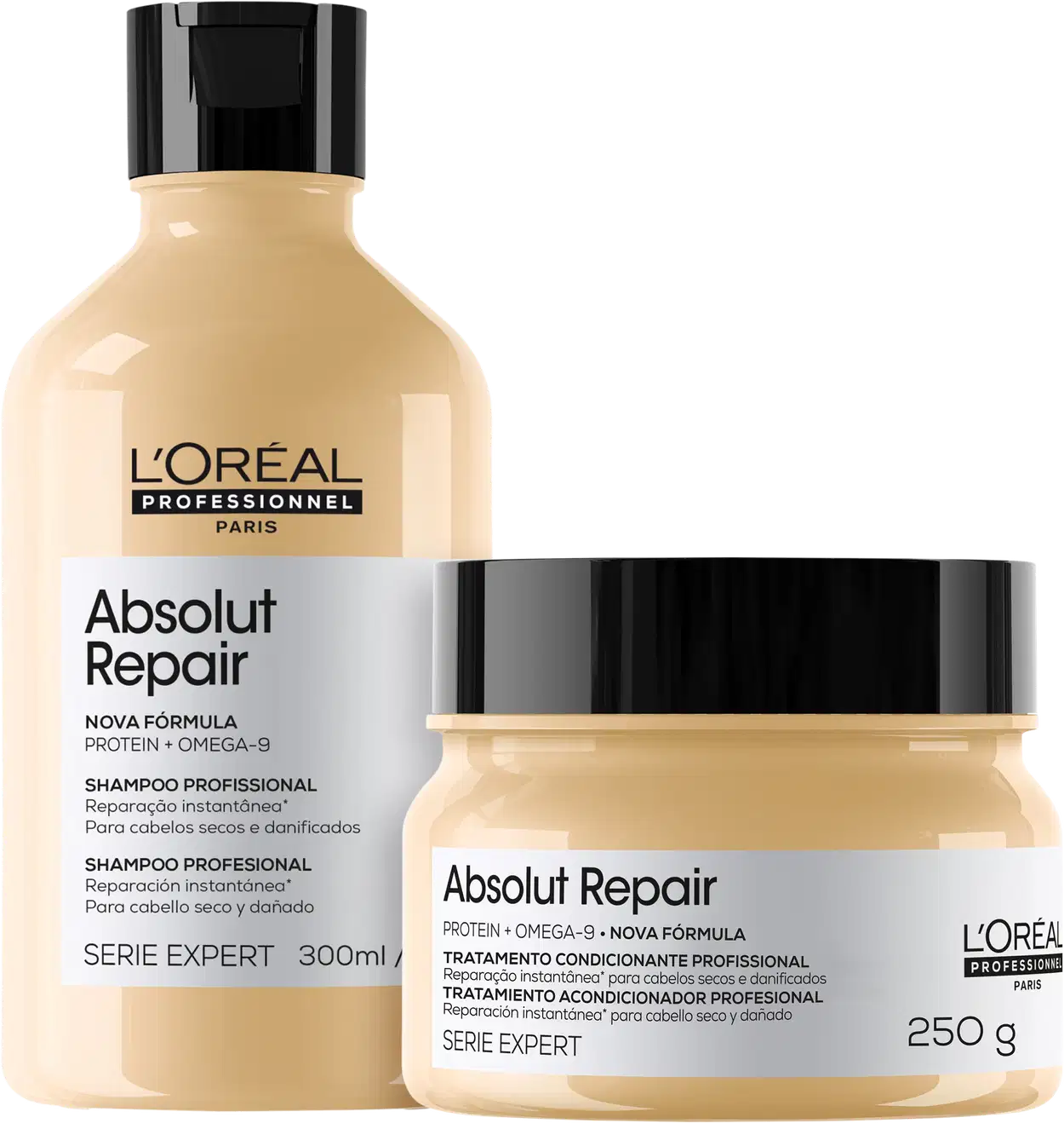 Dois produtos da linha Absolut Repair da L'Oréal Professionnel Paris: um frasco de shampoo de 300 ml e um pote de tratamento condicionador de 250 g, ambos com embalagens pretas e brancas.