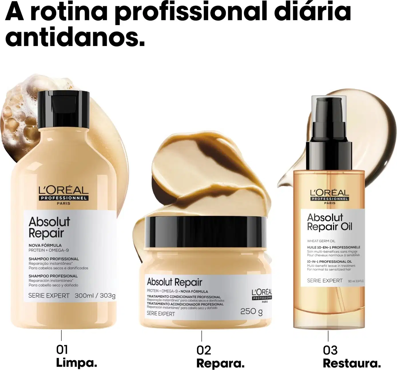 Dois produtos da linha Absolut Repair da L'Oréal Professionnel Paris: um frasco de shampoo de 300 ml e um pote de tratamento condicionador de 250 g, ambos com embalagens pretas e brancas.