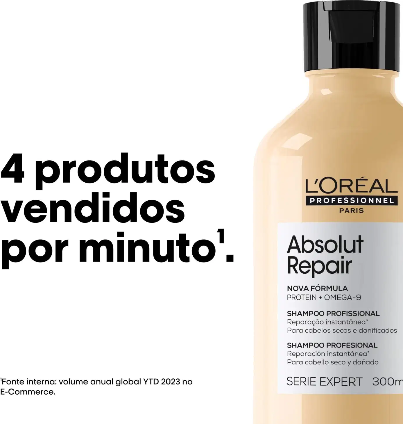 O produto de beleza da marca L'Oréal Professionnel é um shampoo da linha Absolut Repair, com embalagem preta e branca, destinado a cabelos secos e danificados. Texto: 4 produtos vendidos por minuto