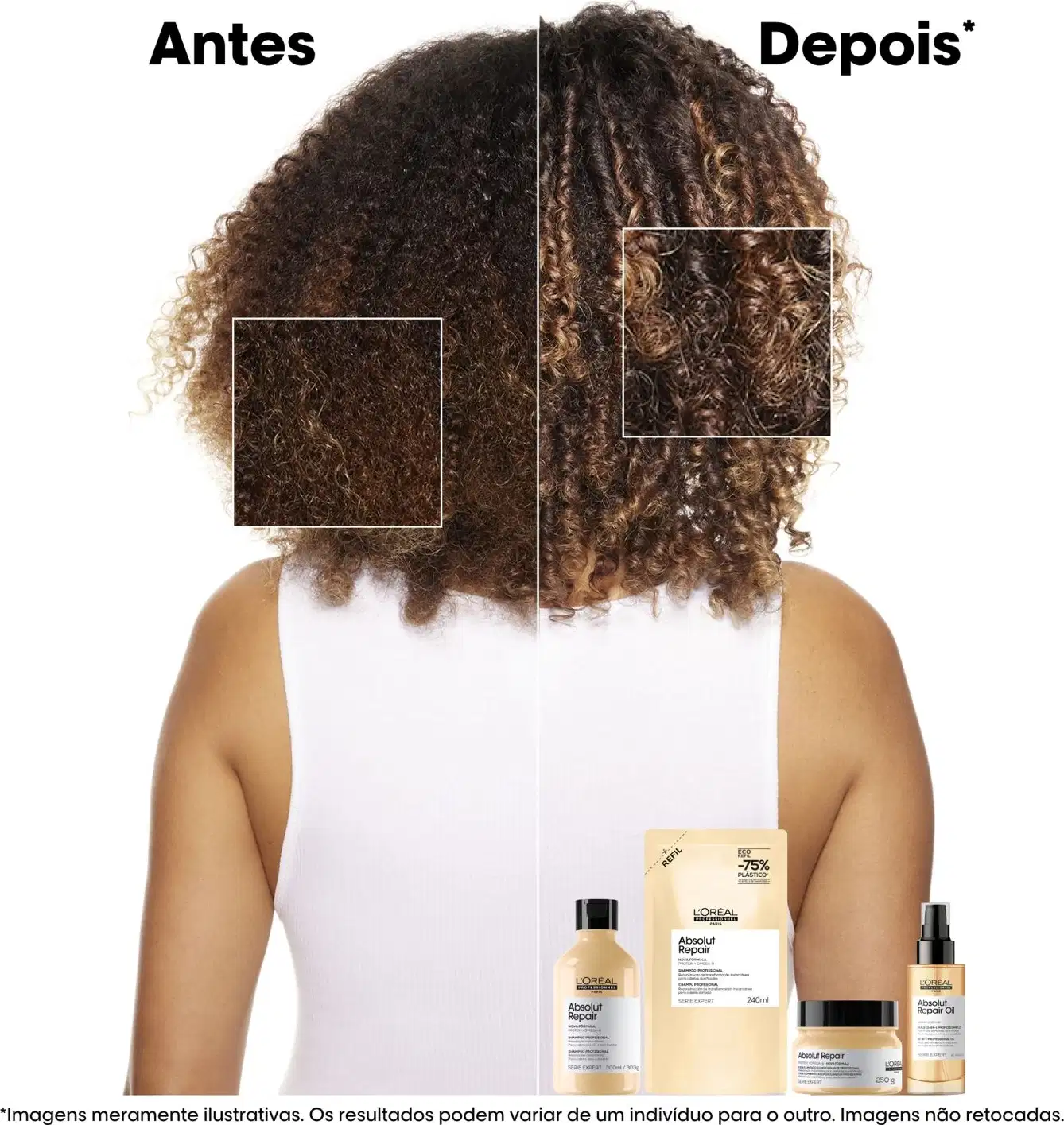 A imagem mostra o antes e depois do uso de produtos da linha Absolut Repair da L'Oréal Professionnel, destacando a melhoria na textura e definição dos cachos após o tratamento.
