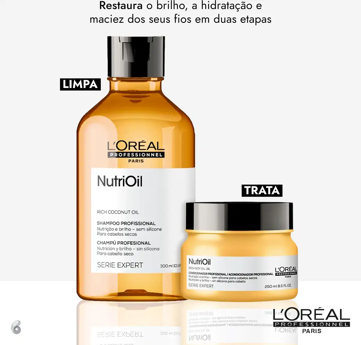 Dois produtos da linha L'Oréal Professionnel Serie Expert NutriOil: um frasco de shampoo e um pote de condicionador, ambos com embalagem de vidro âmbar e detalhes em preto e branco, destacando os ingredientes de óleo de coco.