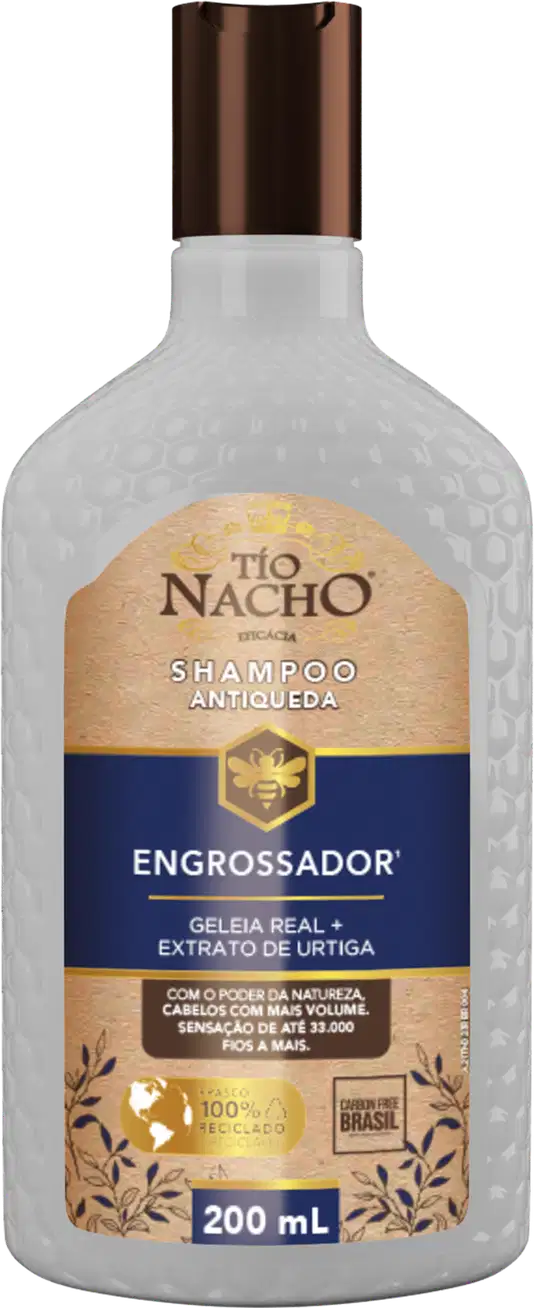 Frasco de shampoo Tío Nacho Engrossador, com 200 mL, apresentando embalagem branca com detalhes em dourado e azul, destacando ingredientes como geleia real e extrato de urtiga.