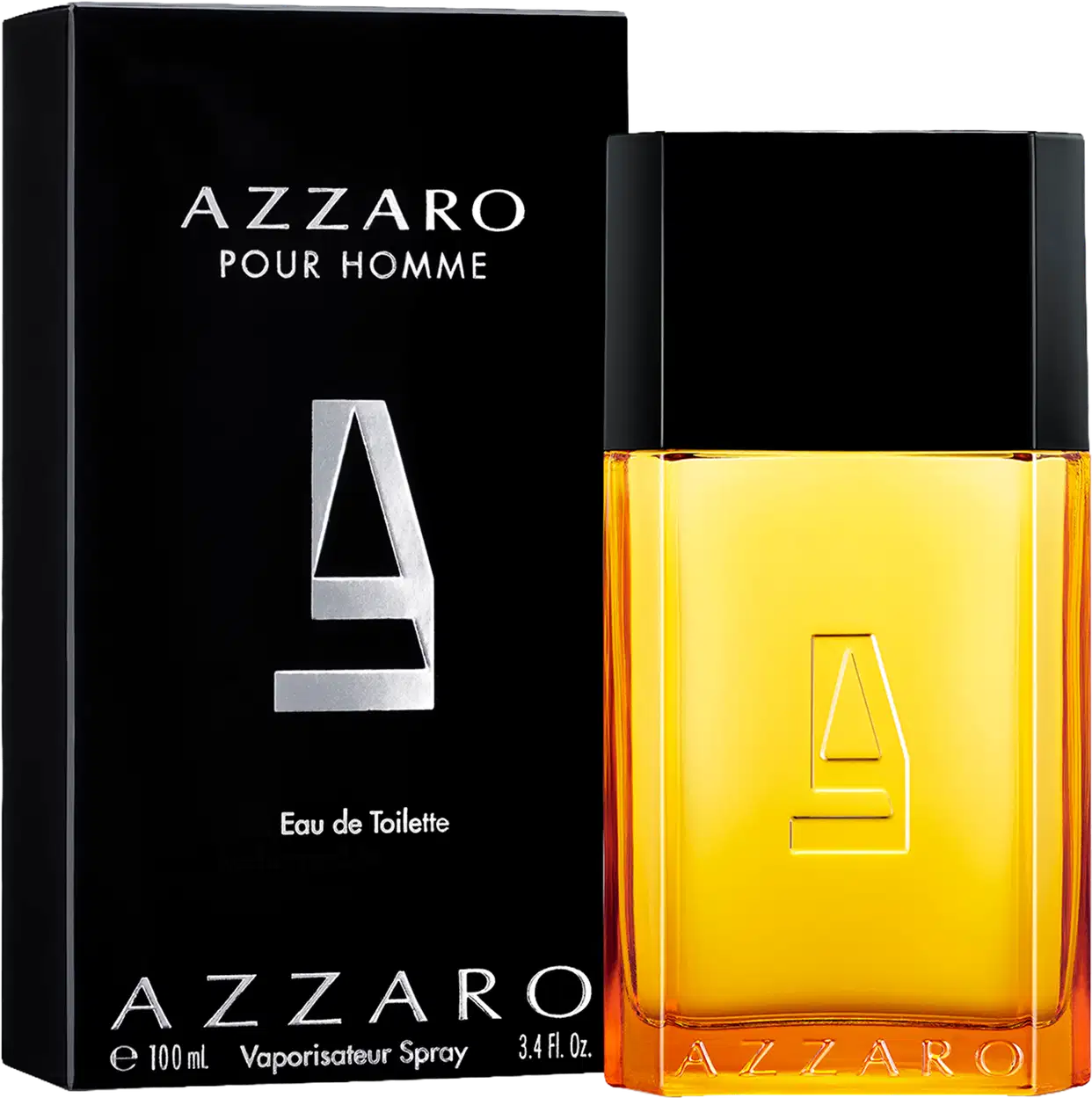 Frasco de perfume Azzaro com design geométrico em preto e amarelo, contendo líquido âmbar. Rótulo com logotipo da marca em destaque.